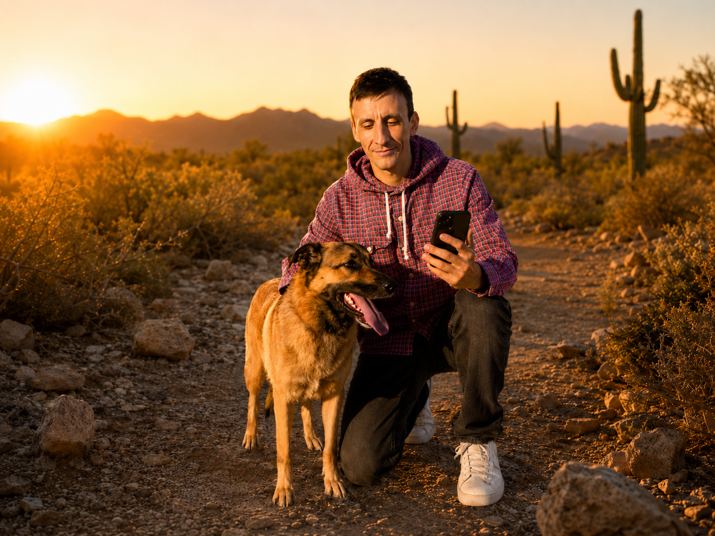 Brian checking harness and leash safety with a dog on a Tucson trail