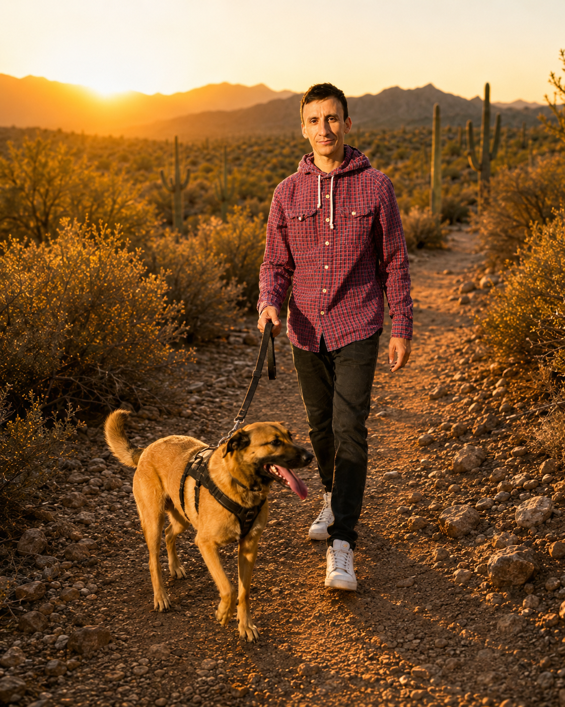 Happy Paws Tucson dog walker walking an energetic dog on a Tucson desert path