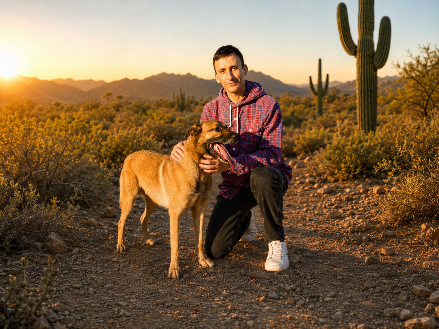 Brian from Happy Paws Tucson kneeling with a happy dog on a Tucson desert trail