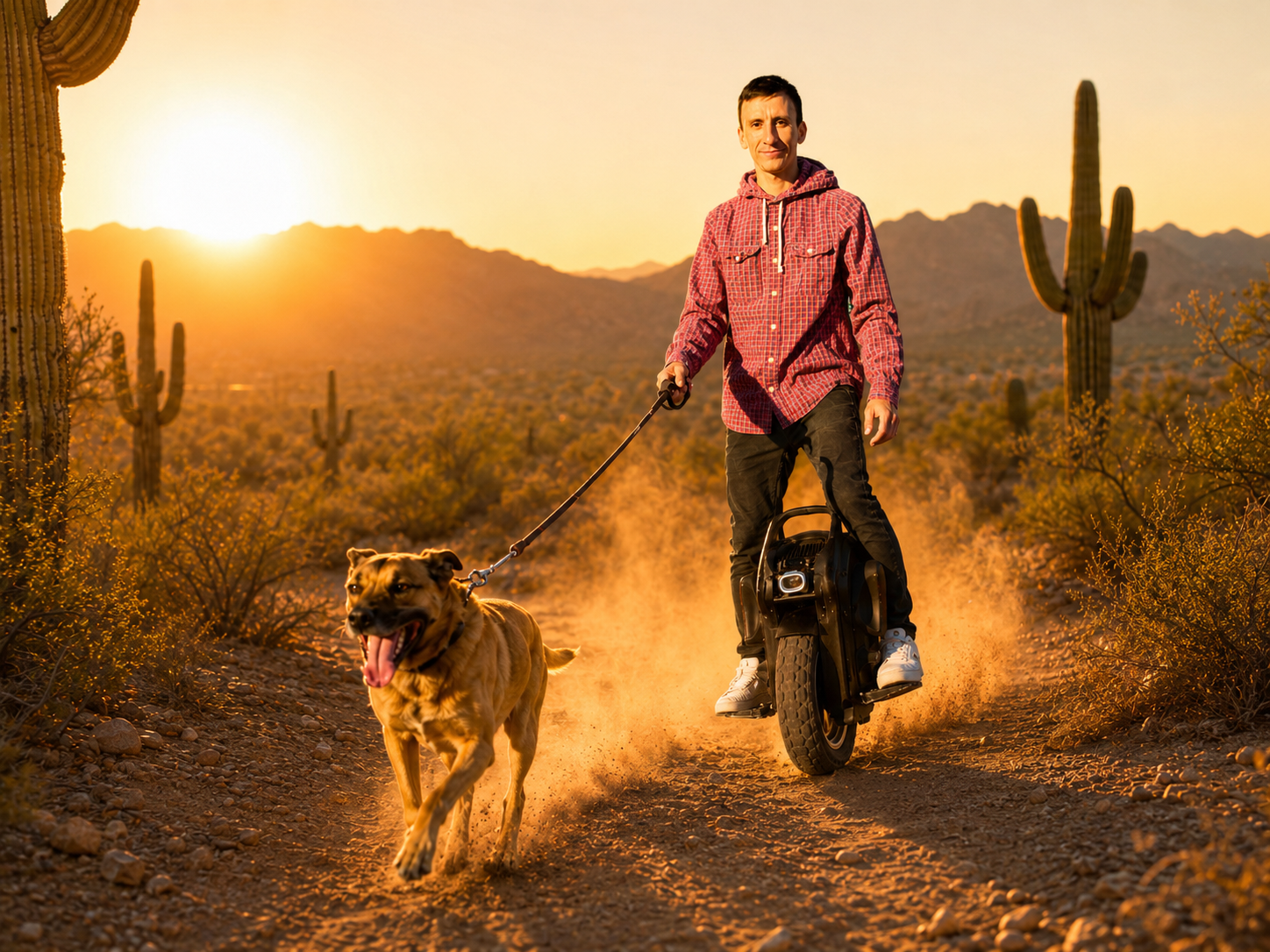 Brian using the InMotion V14 safely with a dog on a wide Tucson desert trail