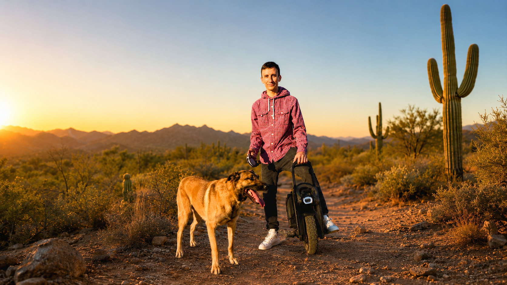 Brian with a happy dog on a Tucson desert trail for Happy Paws Tucson