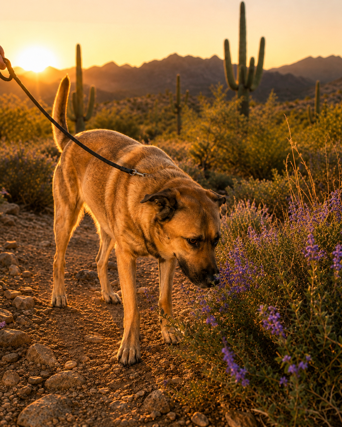 Happy dog enjoying a Tucson sniffari walk near desert flowers
